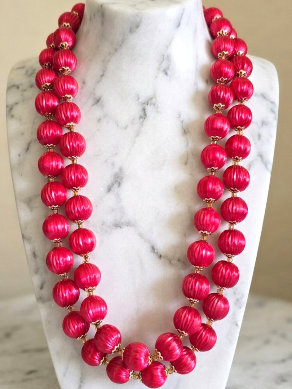 Vintage Necklace red Christmas style balls beads multi strand signed Japan